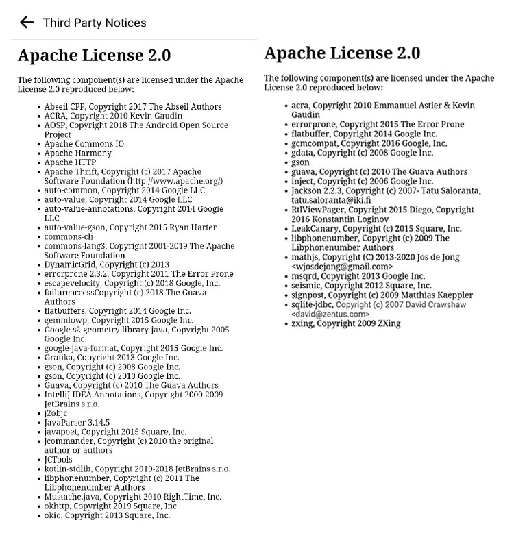 OSS licenses for Mobile Applications 2